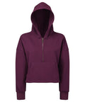 A maroon TR077 hoodie by Tri-Dri, featuring a front zipper and a large front pocket, displayed on a plain white background.
