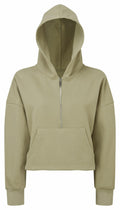 Introducing the Tri-Dri TR077: a light olive green hooded sweatshirt featuring a front zipper and a convenient kangaroo pocket. This hoodie is designed with long sleeves and offers a relaxed fit for ultimate comfort.