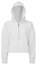 The TR077 by Tri-Dri is a plain white hoodie featuring long sleeves and a front half-zipper. It has a hood and a large front pocket, offering a simple and minimalist design that's ideal for casual wear.