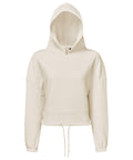 A cream-colored TR085 hoodie from Tri-Dri, featuring a drawstring at the waist and long sleeves, is showcased against a white background.