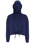 The Tri-Dri TR085 is a navy blue hooded sweatshirt featuring a drawstring tie at the waist, long sleeves, and a loose, relaxed fit. The hood is pulled up, and the sweatshirt showcases a minimalist design without any visible branding or design elements.