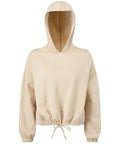 The Tri-Dri TR085, a beige sweatshirt featuring a hood, drawstring waist, and long sleeves, displayed against a white background.