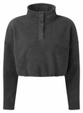 The Tri-Dri TR087 is a fleece pullover featuring a charcoal gray color, long sleeves, a high neck with button details, and an elastic hem.