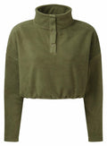 The TR087 from Tri-Dri is a green fleece pullover featuring a high button-up collar and long sleeves. The fabric appears soft and warm, with a slightly elasticized hem. Its simple design makes it versatile for various occasions.