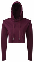 Tri-Dri TR088 burgundy cropped hoodie featuring long sleeves and a drawstring hood.
