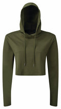 Introducing the TR088 by Tri-Dri: a cropped olive green hoodie featuring long sleeves and a drawstring hood. Made from soft, slightly stretchy fabric, this hoodie embodies a casual, relaxed style.
