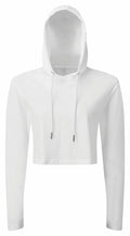 Introducing the TR088 by Tri-Dri—a white, long-sleeve cropped hoodie featuring a hood and drawstrings. It is showcased against a plain background, highlighting its lightweight and casual material.