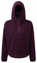 The TR089 by Tri-Dri is a maroon fleece pullover hoodie with a half-zip design, complete with a hood and long sleeves.