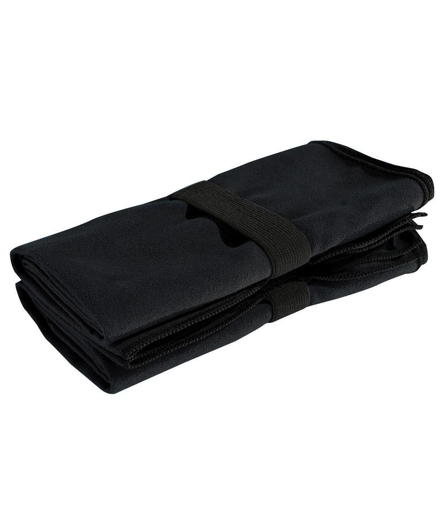 The TriDri microfibre quick-dry fitness towel by TriDri, folded and secured with a black elastic strap, is displayed on a white surface.