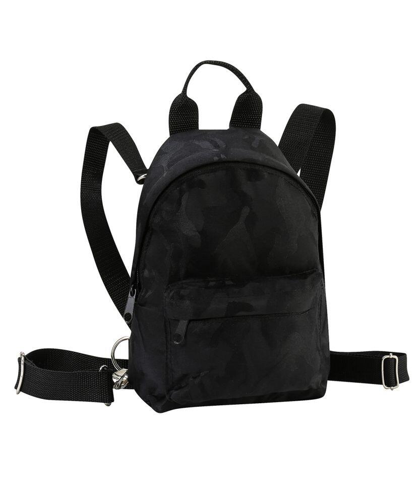 The TR094 by Tri-Dri is a small black camouflage backpack featuring adjustable straps and a front zippered pocket.