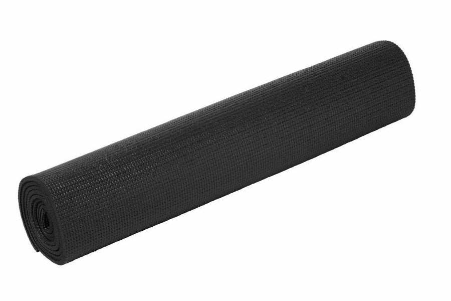 A rolled-up Tri-Dri TR096 yoga mat in black on a white background.