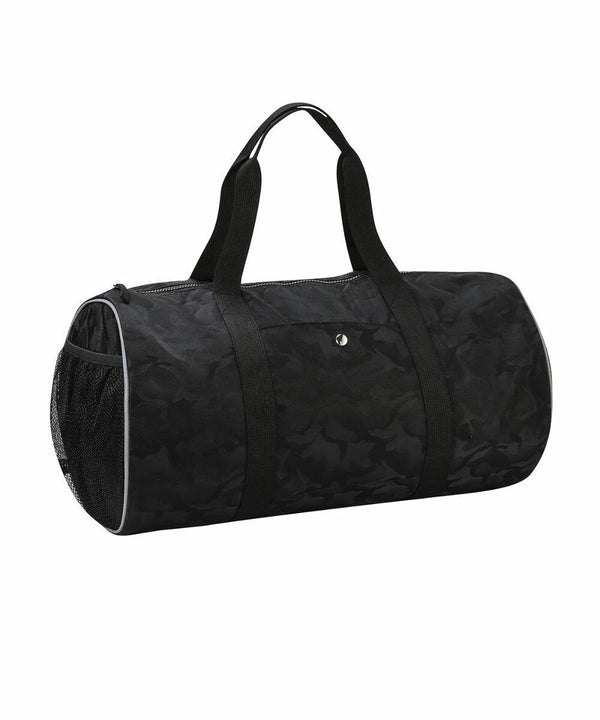 A black camo-pattern Tri-Dri TR099 duffel bag with black handles, a side mesh pocket, and a small front pocket.