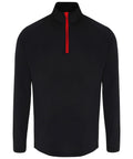 Tri-Dri TR110 black long-sleeve pullover featuring a high collar and a red quarter-zip closure.