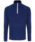The TR110 by Tri-Dri is a navy blue long-sleeve pullover featuring a white half-zip and a high collar. Its sleek and simple design makes it perfect for both casual and athletic wear.