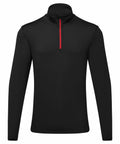 Tri-Dri's TR111 is a black pullover featuring long sleeves, a red half-zip front, and a high collar.