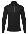 The TR111 by Tri-Dri is a black long-sleeve pullover featuring a quarter-zip and high collar, showcased against a white background.