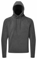 The TR114 by Tri-Dri is a charcoal gray hooded sweatshirt featuring a front pocket and drawstrings.