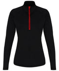 A Tri-Dri TR120 black long-sleeve pullover featuring a red half-zip.