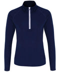 The TR120 by Tri-Dri is a navy blue long-sleeve pullover featuring a high collar and a contrasting white quarter zip. Its simple and sleek design makes it ideal for both casual and athletic use.