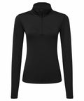 The Tri-Dri TR121, a black turtleneck shirt featuring long sleeves and a partial front zipper, is showcased on a plain background.
