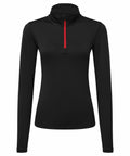 Tri-Dri's TR121 black long-sleeve pullover featuring a red quarter-zip displayed on a white background.