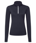 The Tri-Dri TR121 is a black long-sleeve turtleneck shirt featuring a white half-zip at the front. Its smooth and fitted fabric is perfect for both athletic and casual wear, showcased against a white backdrop.