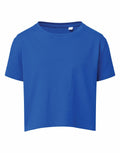A plain blue, short-sleeve crop top with a round neckline from Tri-Dri, model TR19B, is displayed against a white background.
