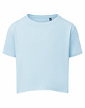 Tri-Dri's TR19B product is a light blue crop top featuring short sleeves and a round neckline, showcased on a white background.