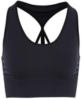 The TR208 by Tri-Dri is a black sports bra featuring a racerback design and a ribbed texture on the lower band.