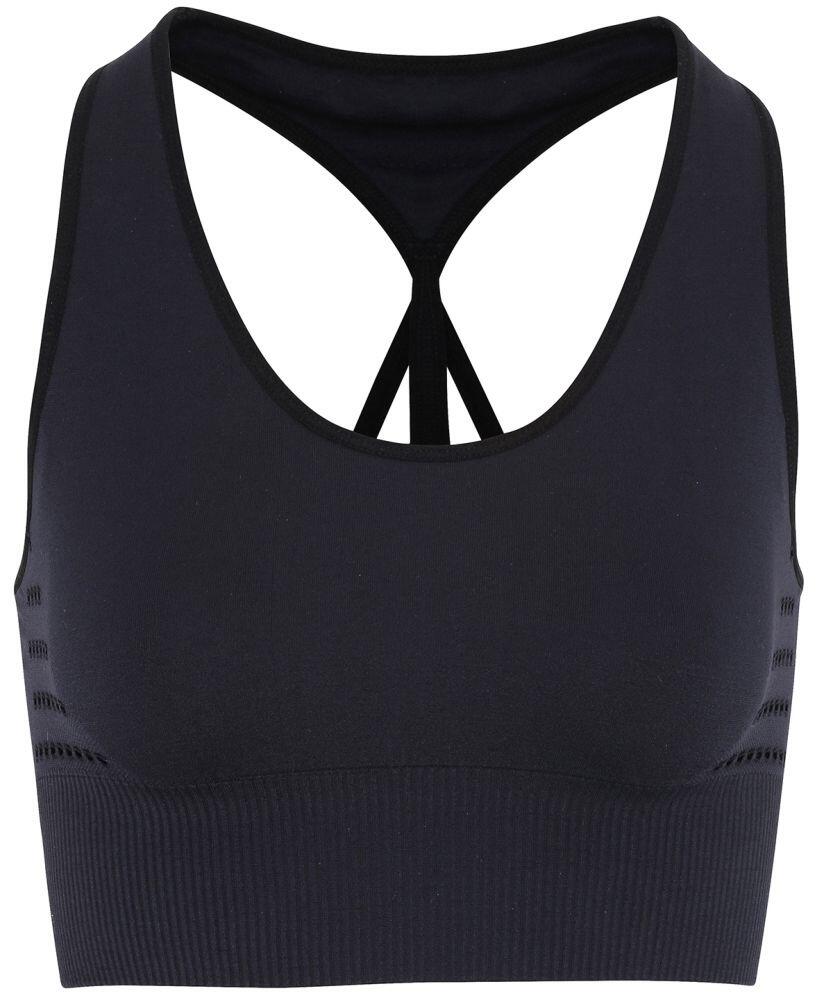The TR208 by Tri-Dri is a black sports bra featuring a racerback design and a ribbed texture on the lower band.