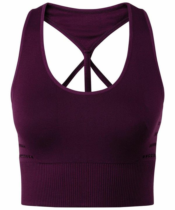 A dark purple Tri-Dri TR208 sleeveless athletic crop top with a racerback design and perforated details below the bust.