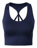 A Tri-Dri TR208 navy blue sports bra featuring a racerback and ribbed band design.