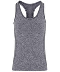The Tri-Dri TR209, a sleeveless athletic tank top in gray, featuring a racerback design, is displayed against a simple white backdrop.