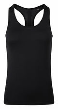 The TR209 by Tri-Dri is showcased as a black sleeveless athletic tank top featuring a racerback design against a white backdrop. The material looks snug yet breathable, making it ideal for both workouts and casual outings. A size XS label can be seen inside the neckline.