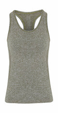 Tri-Dri's TR209 tank top features a grayish-green hue with textured fabric and a racerback design, showcased on a white background. This sleeveless shirt offers a simple, comfortable style perfect for casual wear or exercise.