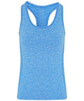 The Tri-Dri TR209 is a blue heathered sleeveless sports tank top featuring a racerback design, showcased against a white background. The fabric looks lightweight and stretchy, making it ideal for athletic activities.