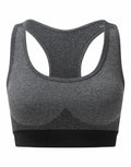 Tri-Dri TR210 sports bra in gray featuring a mesh racerback design on a white background.