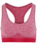 Introducing the Tri-Dri TR210: a red heathered sports bra designed with a scooped neckline and racerback style. It features a textured pattern and a wide, supportive band for optimal support.