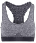 Tri-Dri's TR210 gray sports bra features a racerback design and patterned fabric.