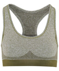 The Tri-Dri TR210 sports bra features a racerback design with mesh detailing and comes in gray and olive green.