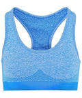 The Tri-Dri TR210 sports bra features a racerback design in blue. It showcases a textured pattern and includes a darker blue band around the bottom.