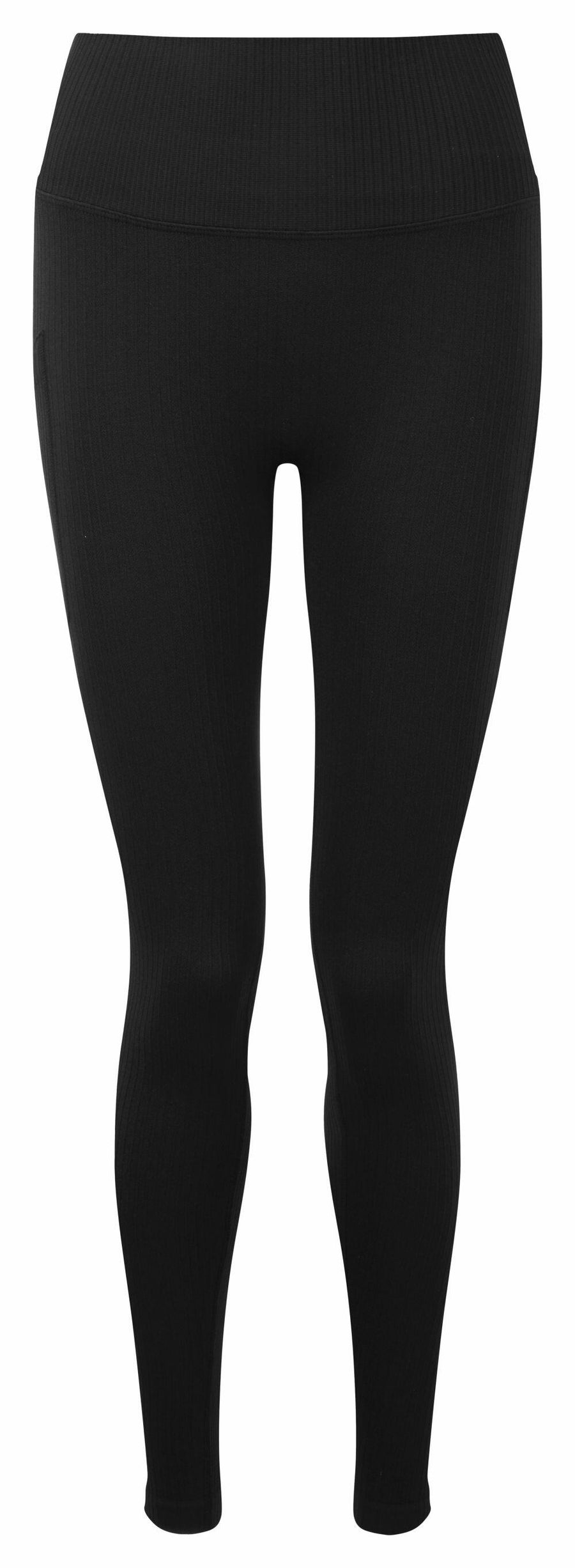 Tri-Dri TR211 leggings in black ribbed fabric displayed against a white background.
