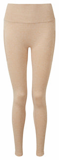 Tri-Dri's TR211 beige ribbed knit leggings, featuring a high waistband, are displayed on a white background.