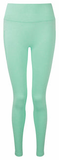 Tri-Dri's TR211 leggings feature a snug fit with a mint green color, high waist, and ribbed texture. They are designed to appear seamless and are perfect for both workout sessions and casual wear.