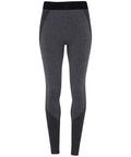 Tri-Dri's TR212 leggings in gray and black, featuring textured sides and a black waistband, set against a white background.