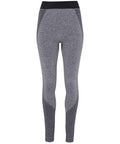 Introducing the TR212 from Tri-Dri: stylish gray leggings accented with black trim at the waist and lower legs, featuring a textured pattern along the sides and back of the calves.