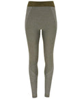 A pair of Tri-Dri TR212 gray and olive green high-waisted leggings featuring textured fabric on the sides and lower legs, showcased on a simple white background.