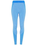 The Tri-Dri TR212 leggings feature a vibrant blue color with a contrasting darker blue elastic waistband and ankle cuffs. The fabric is textured, and the knee area includes subtle shading for a flattering fit.