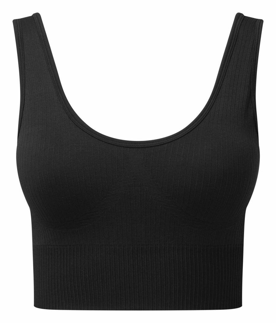 Tri-Dri TR213 black ribbed seamless tank top features wide straps and a scooped neckline.
