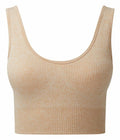 A beige ribbed tank top by Tri-Dri, with a scoop neckline and cropped fit, made from soft and stretchy fabric. Product Name: TR213.